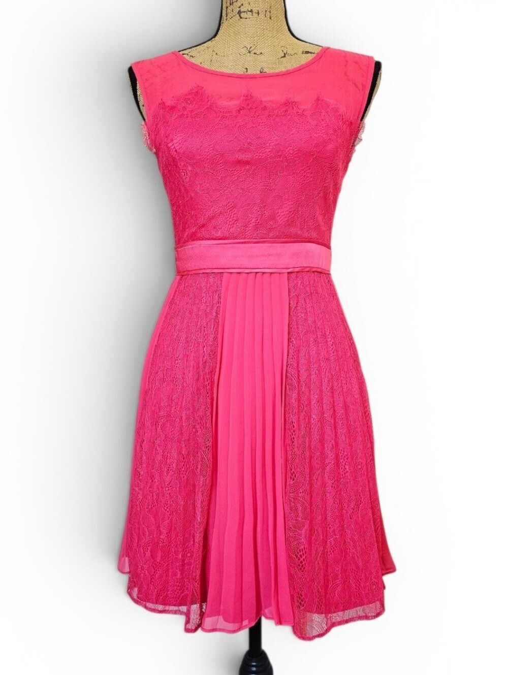 Max Cleo Feminine Hot Pink Lace Pleated Fit & Flare Party Cocktail Dress, Size 2